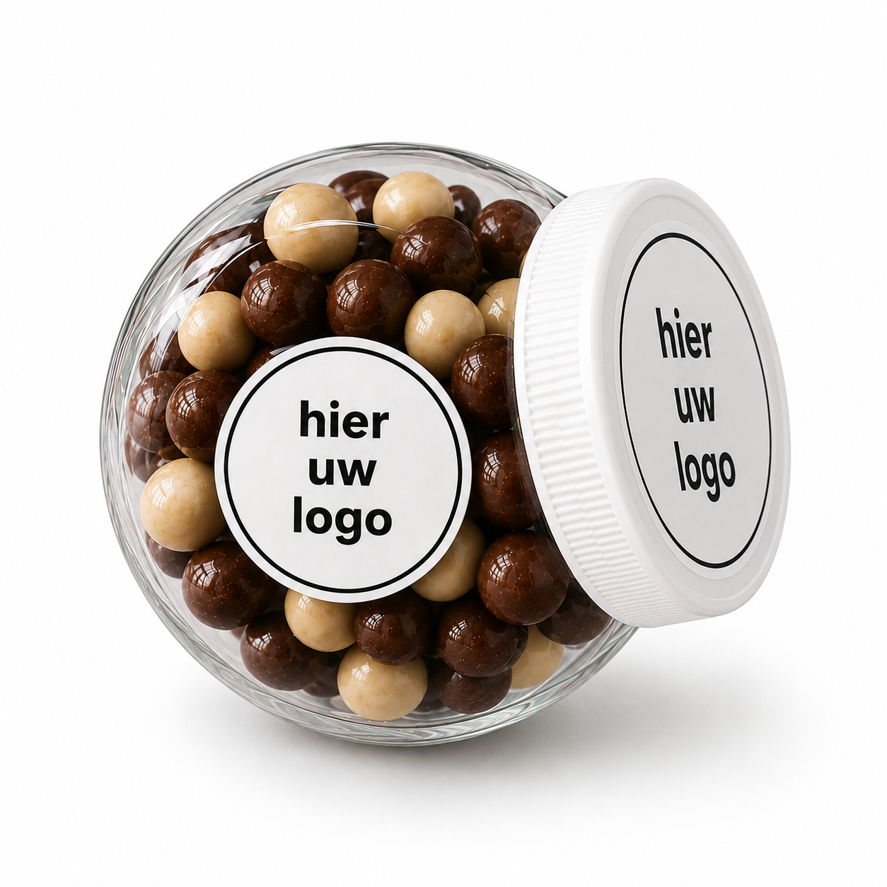 Luxe glazen pot met 215 gram LUXE chocolade pepernoten - inclusief gepersonaliseerde stickers